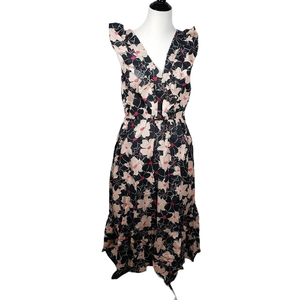 Who What Wear Medium Black & Pink Floral Cotton Sleeveless Dress